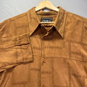 Vintage 90s Rave Shirt Men XL Button Up Brown Party Polyester Sueded PRONTI